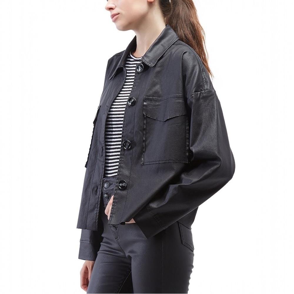 OAT New York | Black Oversized Coated Faux-Leather Shirt Jacket w/ Buttons NWT